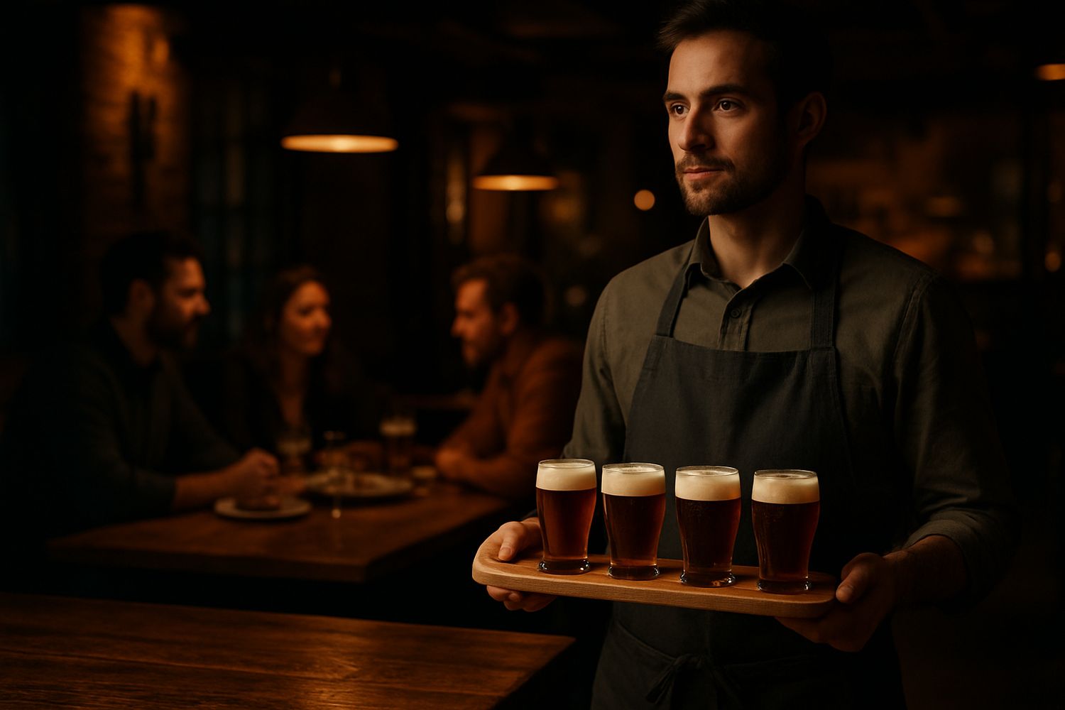 Waiter presenting a craft beer tasting paddle to a group of diners in a warm gastropub setting.