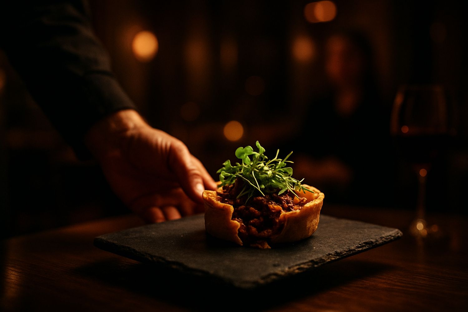Plating a deconstructed pie with microgreens on a slate board at a gastropub table.