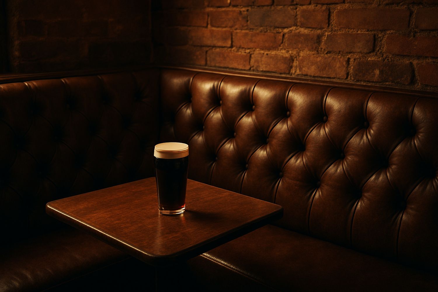 A cozy booth with leather upholstery and a small table holding a pint of dark beer against a brick wall