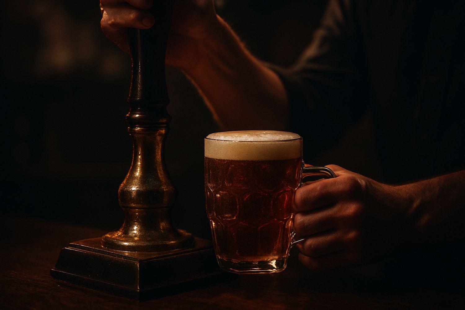 A bartender's hands pull a pint of cask ale from a handpump into a dimpled glass, with condensation on the pump and a soft head forming.