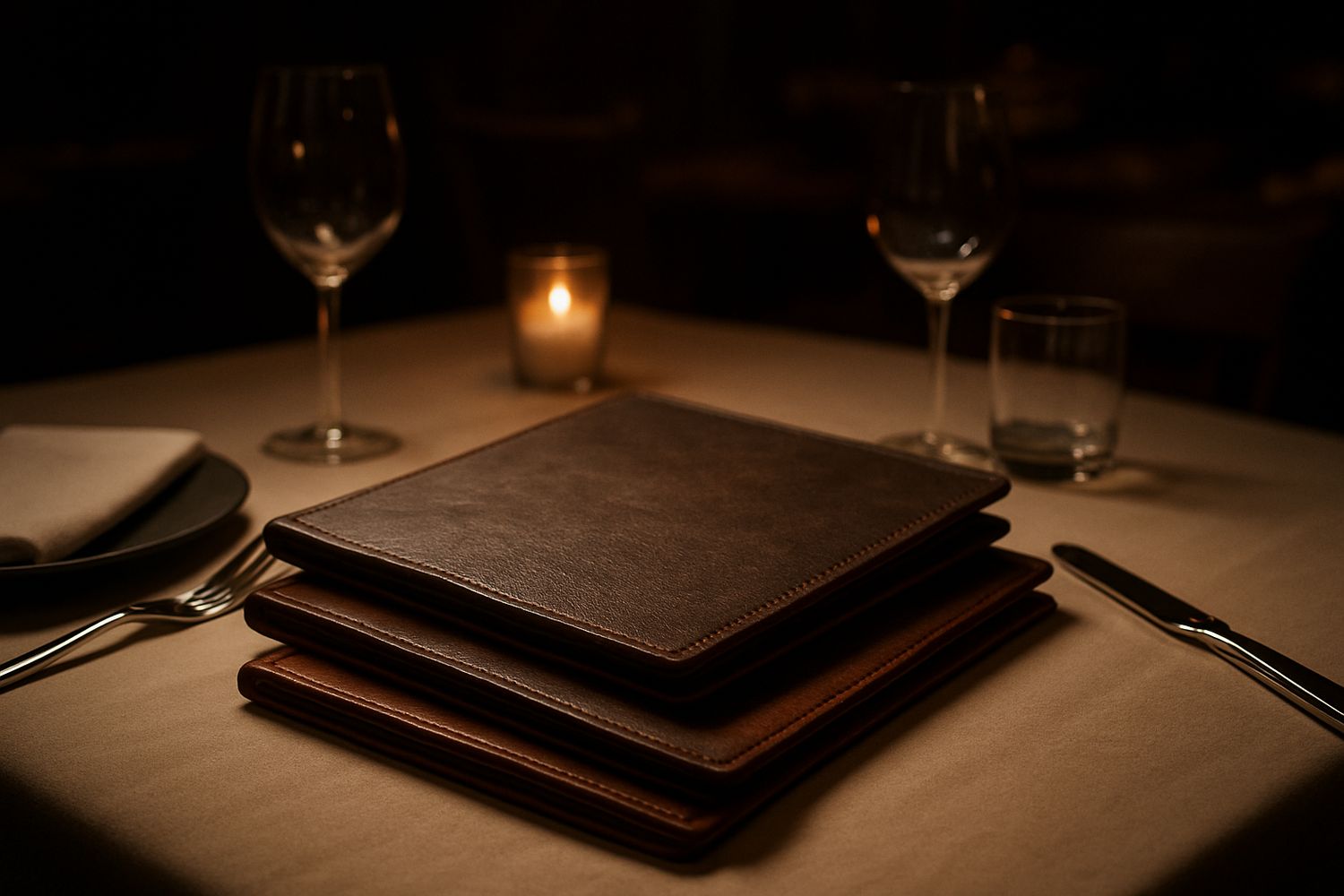 Recycled leather menu covers on a table