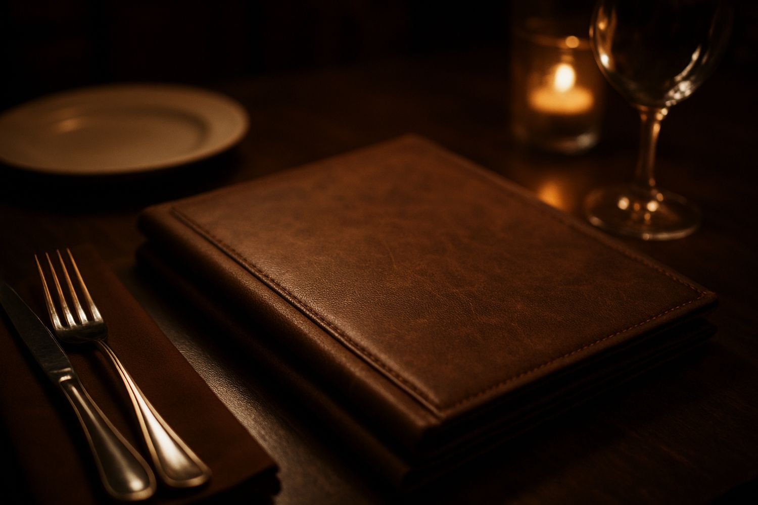 Detail of a recycled leather menu cover