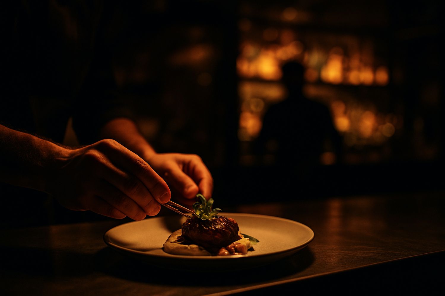 Chef plating food on pass with bartender silhouette behind
